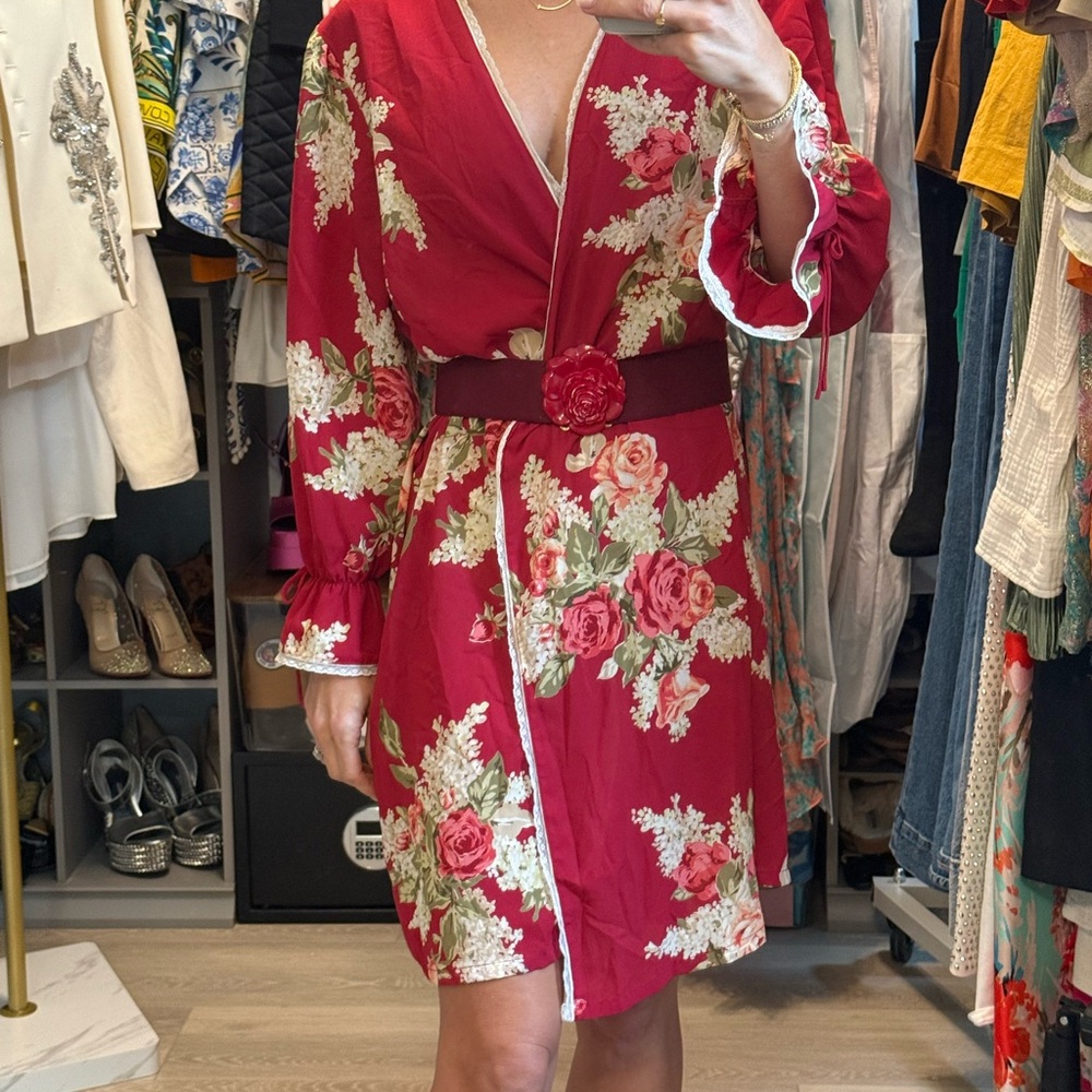 Vintage Oscar de la Renta Red Floral Wrap Robe